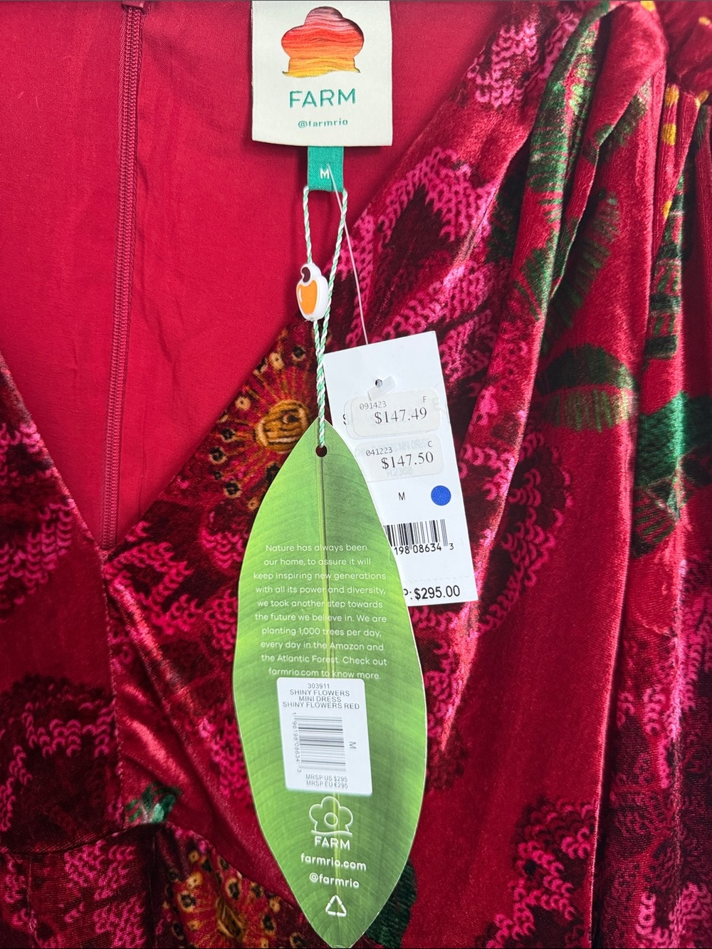 FARM Rio Farm Rio Velvet Floral V-Neck Mini Dress Deep Red M NWT - Picture 5 of 15